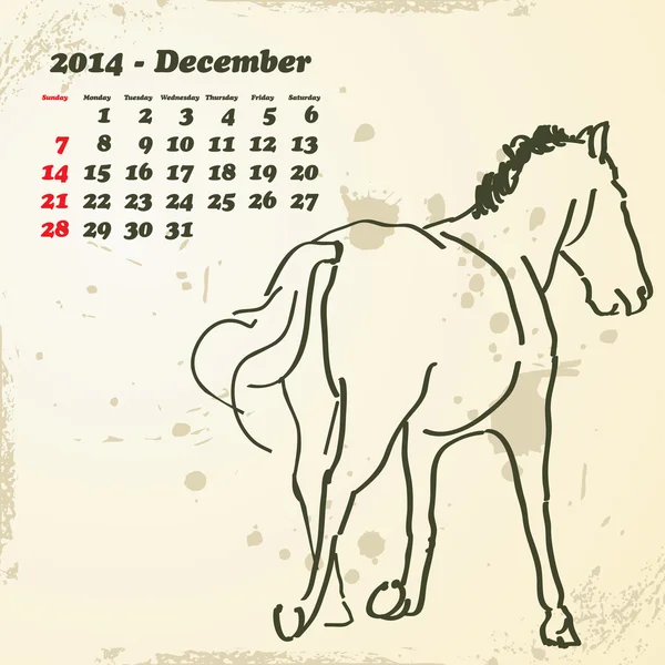 Diciembre 2014 calendario de caballos dibujado a mano — Archivo Imágenes Vectoriales