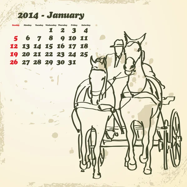 Januari 2014 hand getekend paard kalender — Stockvector