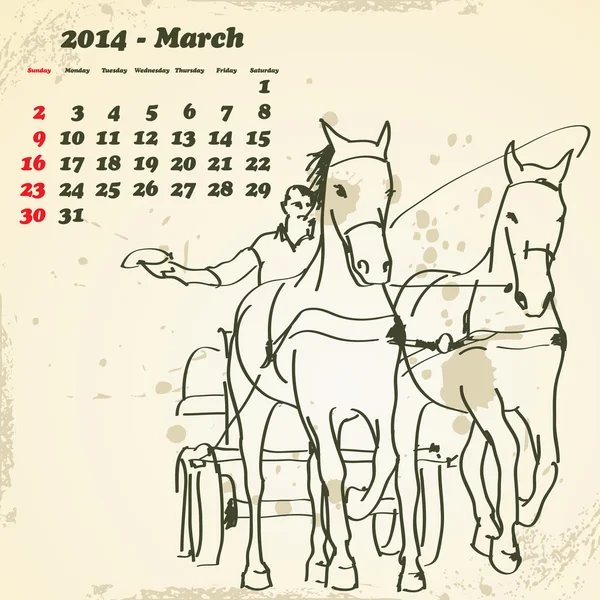 Mars 2014 hand dras häst kalender — Stock vektor