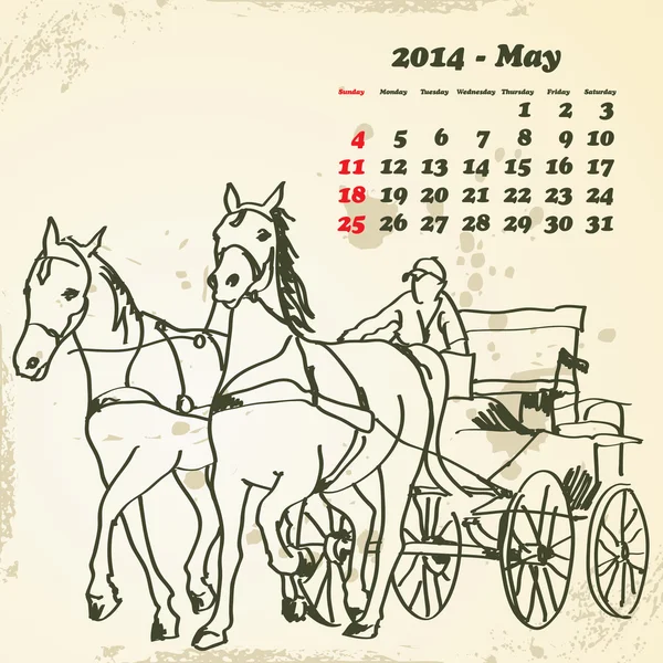 Maio 2014 calendário cavalo desenhado à mão — Vetor de Stock