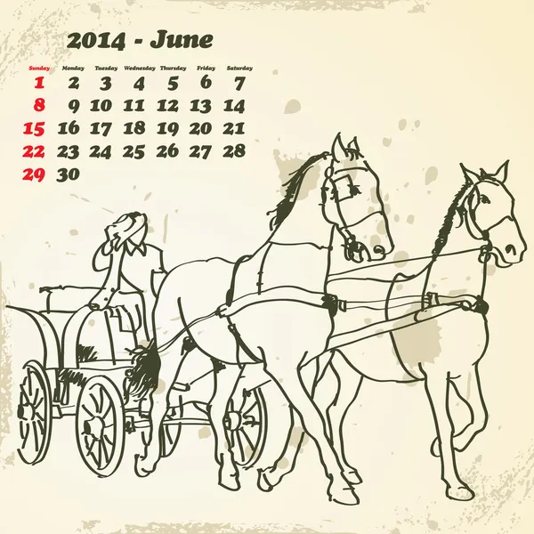Czerwca 2014 ręcznie rysowane koń kalendarza — Wektor stockowy