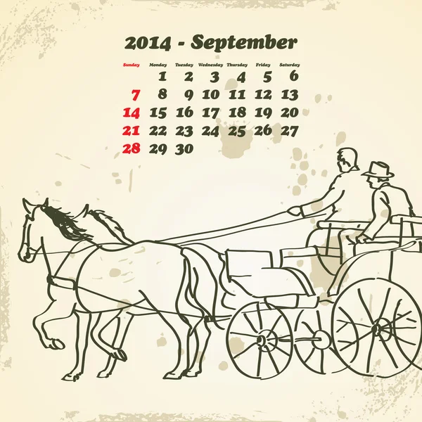 Calendrier cheval dessiné à la main Septembre 2014 — Image vectorielle