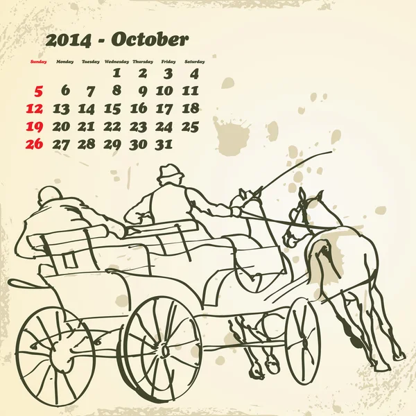 Outubro 2014 calendário cavalo desenhado à mão — Vetor de Stock