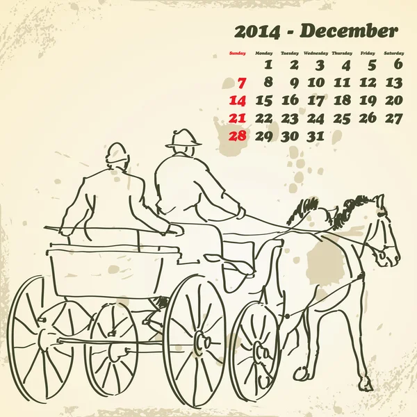 Prosince 2014 ručně tažené koněm kalendář — Stockový vektor