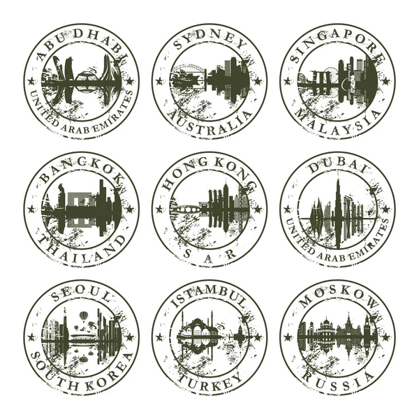 Grunge lastik pullar ile abu Dabi, sydney, Singapur, bangkok,