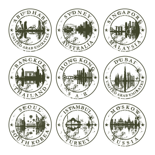 Grunge rubber stamps with Abu Dhabi, Sydney, Singapore, Bangkok,