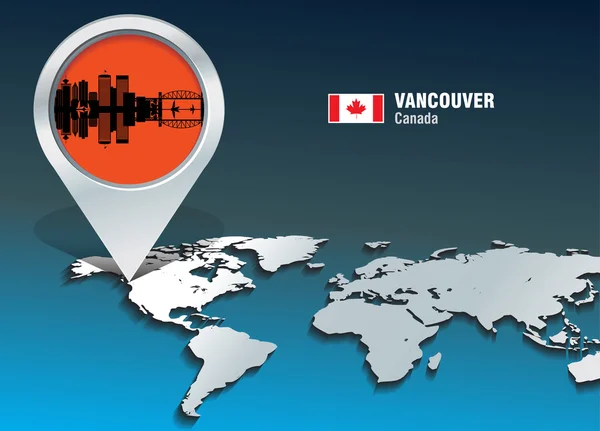 Mappa pin con skyline di Vancouver — Vettoriale Stock