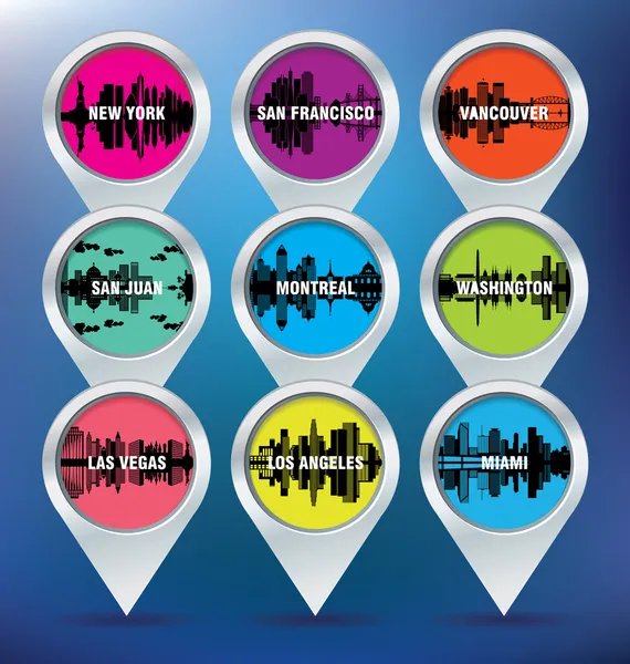 Map pins mit new york, san francisco, vancouver, puerto rico, m — Stockvektor
