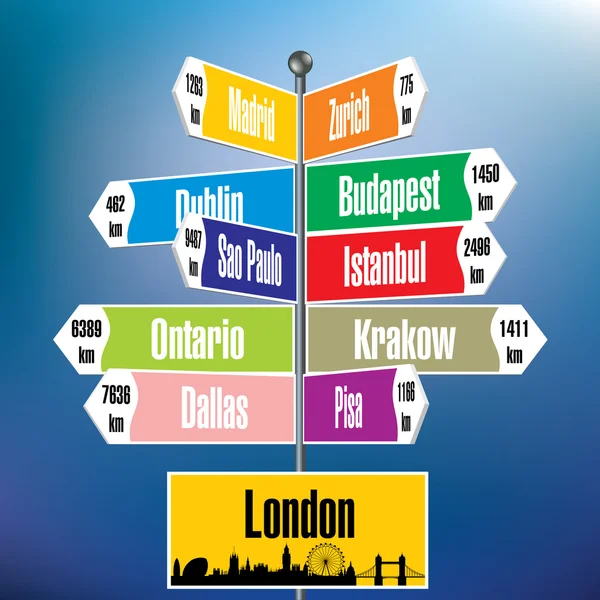 Estação de sinalização de Londres com cidades e distâncias — Vetor de Stock