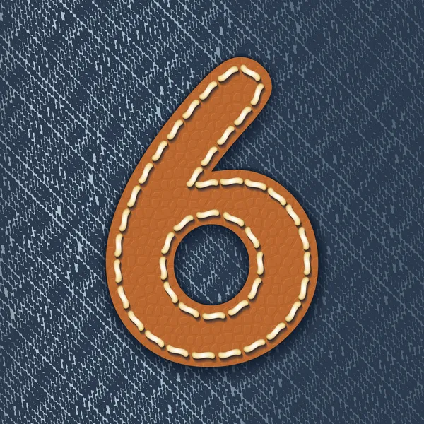 Number 6 made from leather on jeans background — Stock Vector