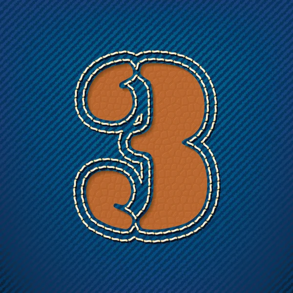 Number 3 made from leather on jeans background — Stock Vector