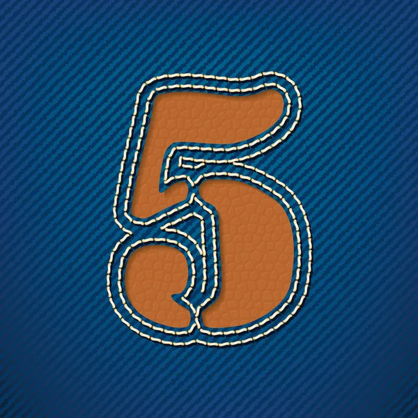 Number 5 made from leather on jeans background — Stock Vector