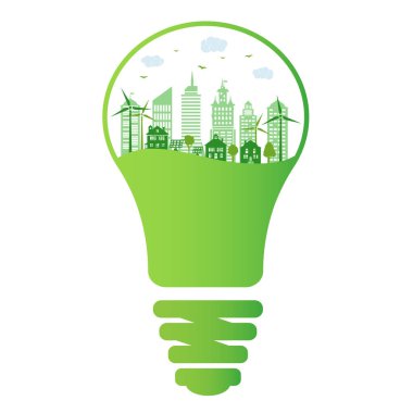Yeşil şehir ve çevre koruma. Yenilenebilir enerji kaynaklarıyla gölgeli ekolojik şehir. Elektrik ampulünün içindeki yeşil şehir. Vektör illüstrasyonu.