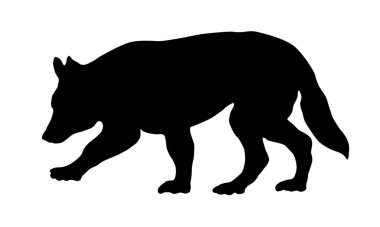 Beyaz İsviçreli çoban köpeği köpek yavrusu yürüyor ve izleri temizliyor. Siyah köpek silueti. Evcil hayvanlar. Beyaz bir arka planda izole edilmiş. Vektör illüstrasyonu.