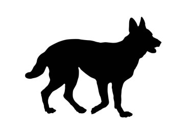 Ayakta duran Alman çoban köpeği. Siyah köpek silueti. Evcil hayvanlar. Beyaz bir arka planda izole edilmiş. Vektör illüstrasyonu.
