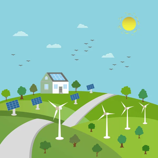 Ökologiekonzept Und Umweltschutz Gewächshaus Autostraße Grüne Bäume Und Erneuerbare Energiequellen — Stockvektor