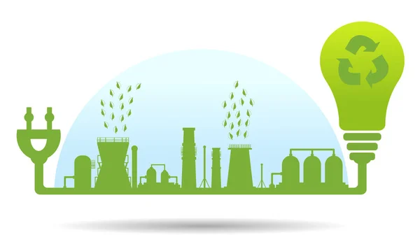 環境に優しい生産 清掃された環境排出量を持つ大規模工場のシルエット 環境保全 プラグ電気の電球 ベクターイラスト — ストックベクタ