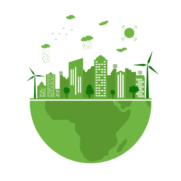 Экологический город и охрана окружающей среды. Понятие планеты Земля. Силуэт зеленый город с возобновляемыми источниками энергии. День Земли. — стоковый вектор