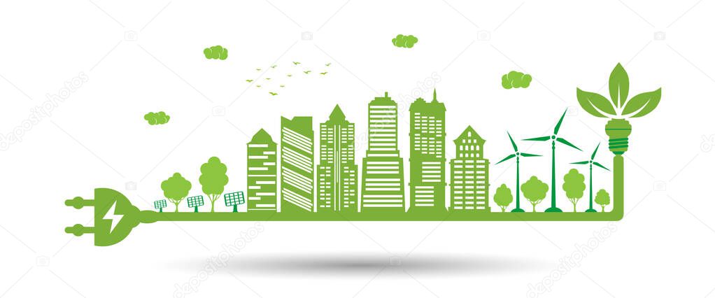 Concepr of environment conservation. Eco friendly city with plug electric and light bulb with green leaves. Silhouette of green city.