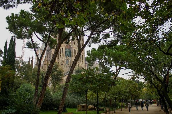 Barcelona Daki Ağaçlar Arasındaki Sagrada Familia Manzarası Antoni Gaudi — Stok fotoğraf