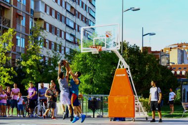Valladolid, Spain; june 27 2013: One on one baskectball acction at the King of the Rock basketball tournament