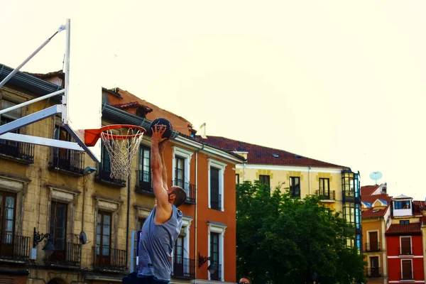 Valladolid Spain June 2013 Basketball Player Making Two Hands Dunk — Stock Photo, Image