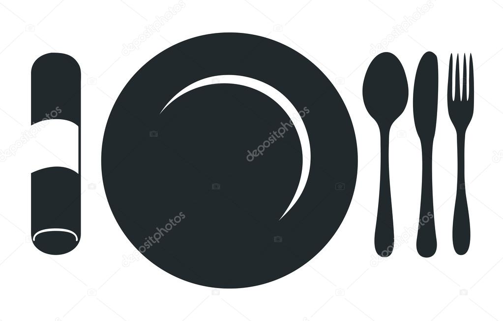 This image is a vector file representing a restaurant logo, plate with fork, knife and spoon.
