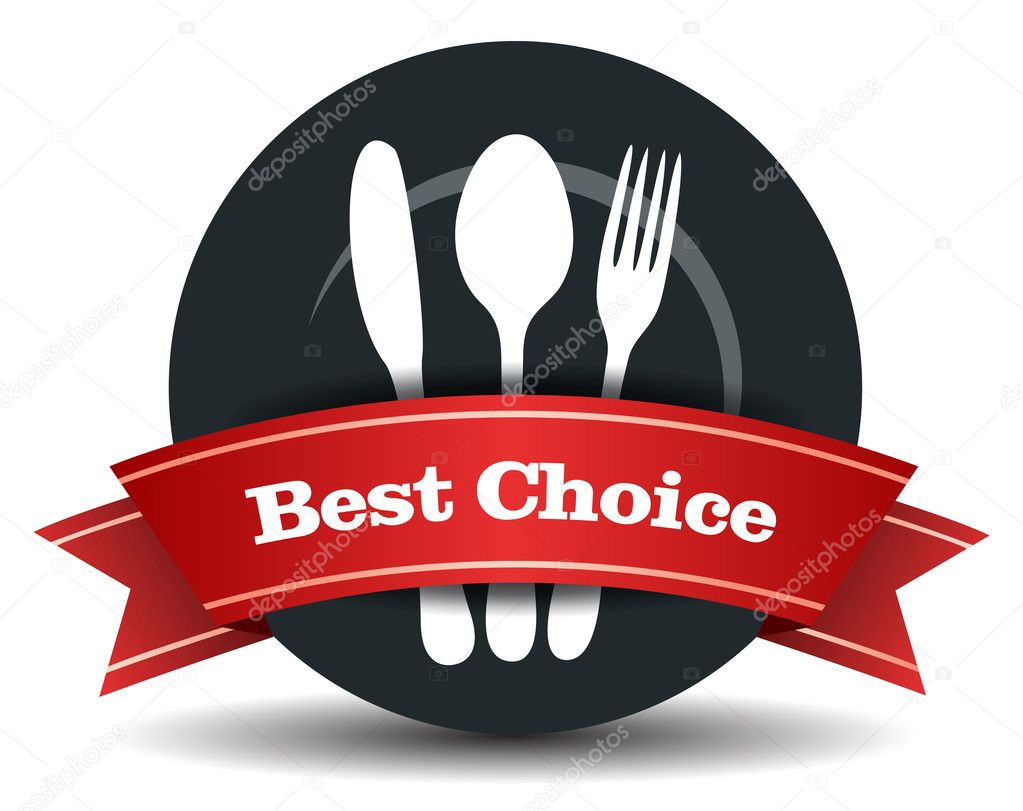 This image is a vector file representing a restaurant logo, plate with fork, knife and spoon.