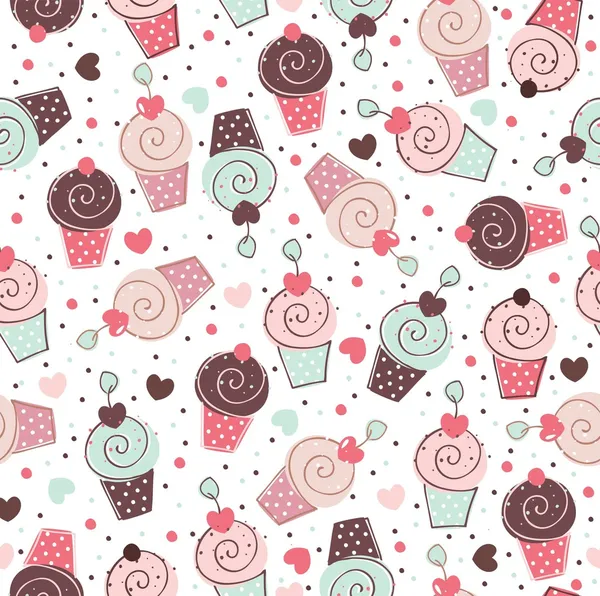 Dolci Cupcakes modello vettoriale doodle senza soluzione di continuità Vettoriale Stock