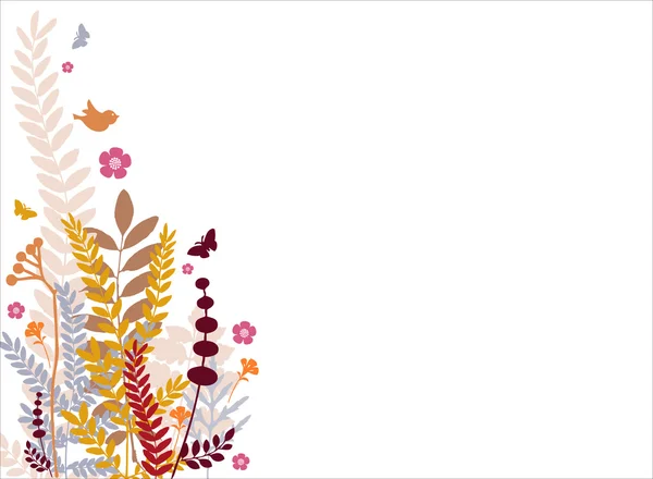 Стилизованный рисунок птиц и бабочек с цветами и камышами Стоковая Иллюстрация