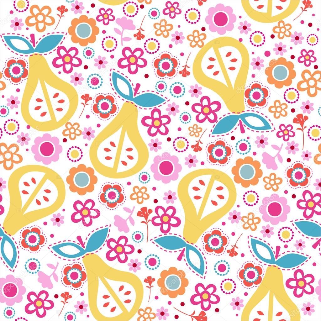 Seamless pattern with flowers and pears
