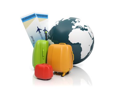 illüstrasyon: arazi ve bavul bir grup. Bir tatil almaya