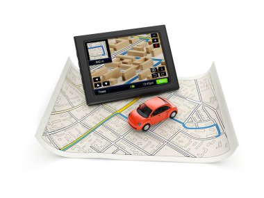 3D çizim: gps navigasyon harita ve bir araba.