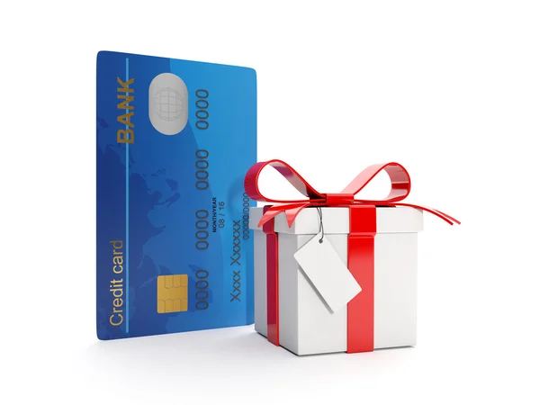 3d иллюстрация: Кредитная карта и подарочная коробка. Деньги в подарок, бонус. — стоковое фото