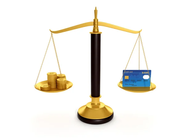 3d illustration: Balance credit cards and gold coins. Keeping mo — Stock Photo, Image