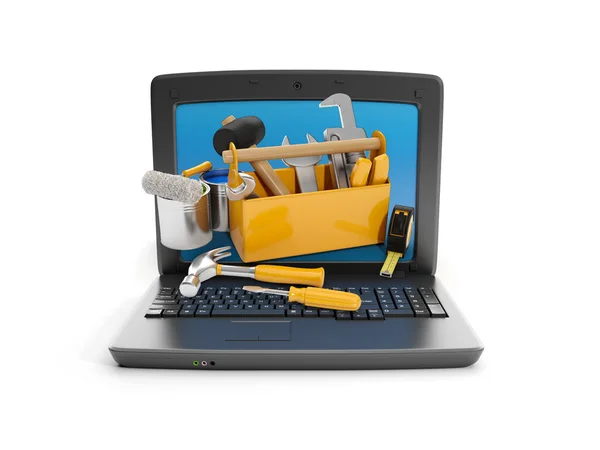 Illustrazione 3d: Laptop e un gruppo di strumenti. tecnica su — Foto Stock
