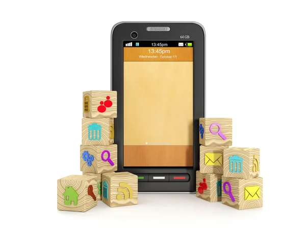 Illustrazione 3d: icone in legno e telefono cellulare. Creare un manuf — Foto Stock
