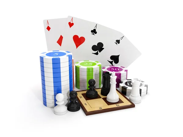 3D illustratie: onderhoudend spel. Poker met chips en Schaken — Stockfoto