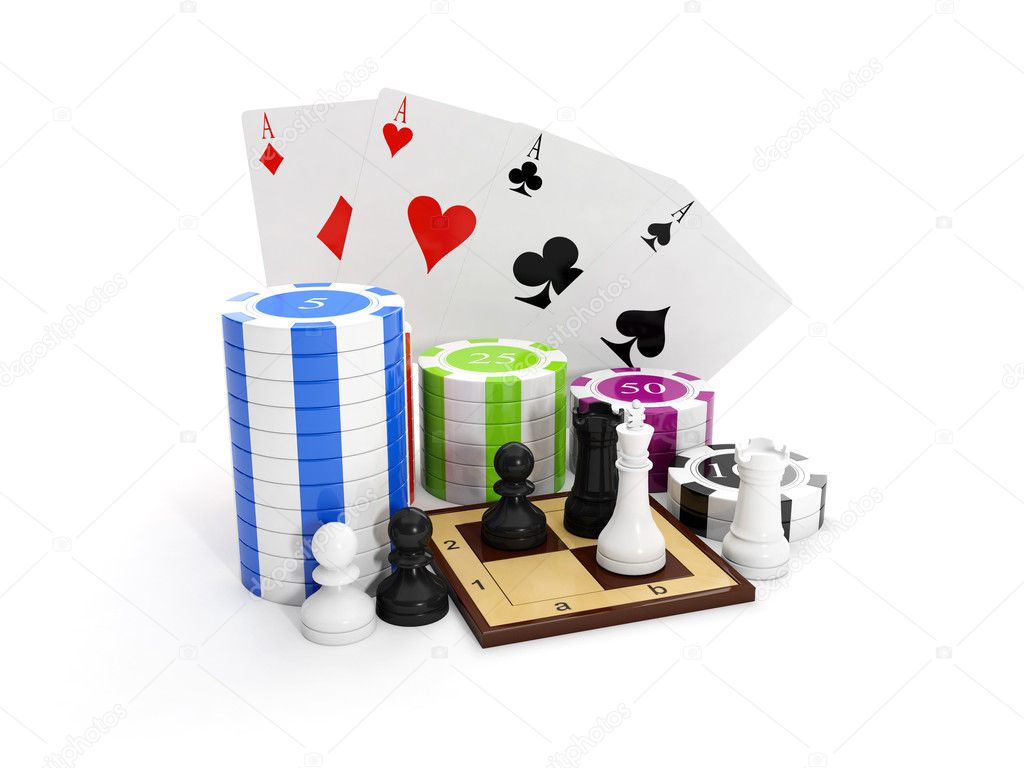 3d illustration: Entertaining game. Poker with chips and chess