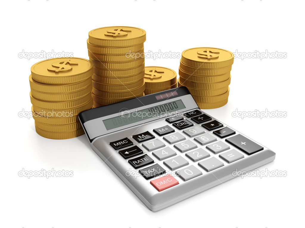 3d illustration, business ideas. Calculator and a group of gold