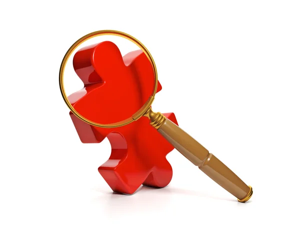 Finding the right solutions. Big red puzzle and magnifier with w — Stock Photo, Image