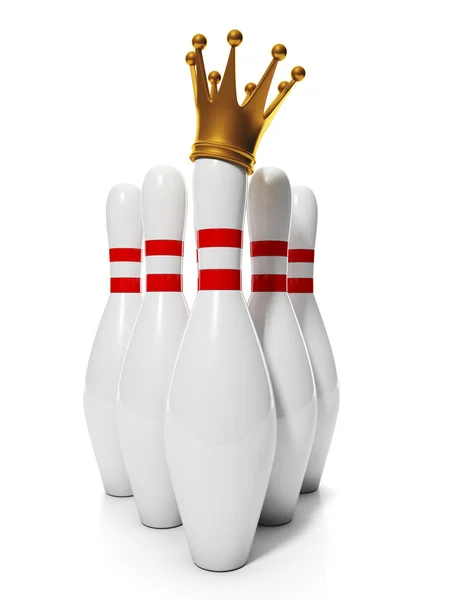 Koning van bowling. groep van de bowling pinnen en een gouden kroon op de Stockfoto