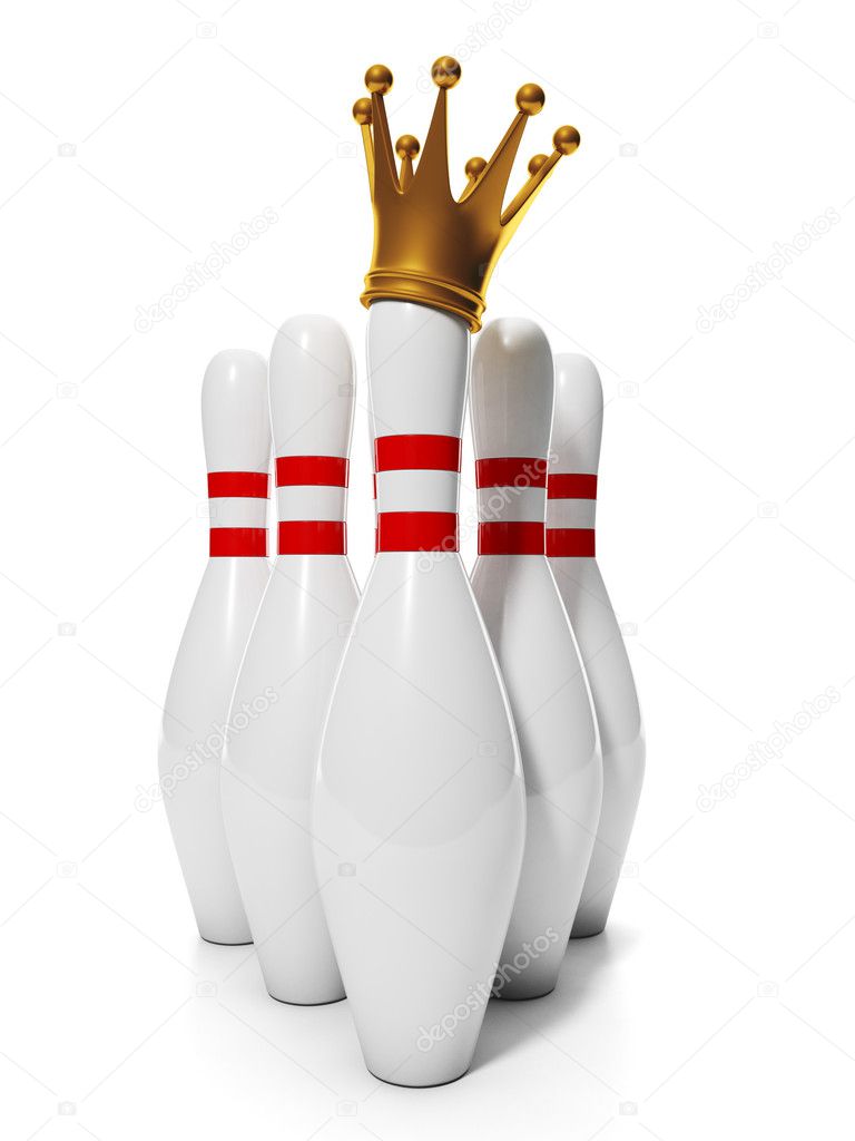King of Bowling. Group of bowling pins and a golden crown on the