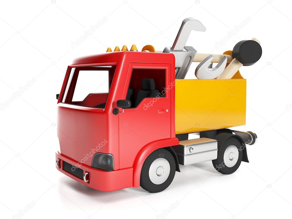 3d illustration: Transport technology. Truck and a box of tools,