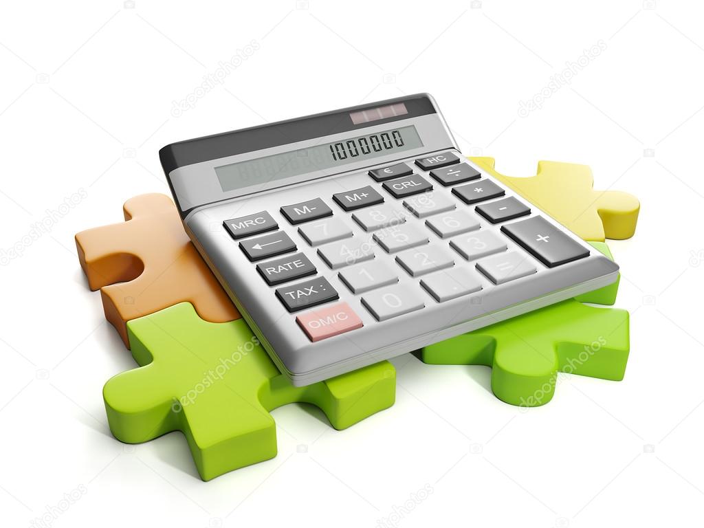 3d Illustration: Business ideas. Group puzzles and calculator
