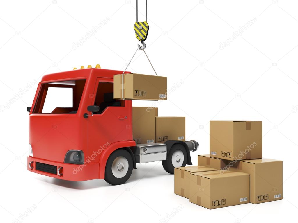 3d illustration: Freight. Group of cardboard boxes and a truck