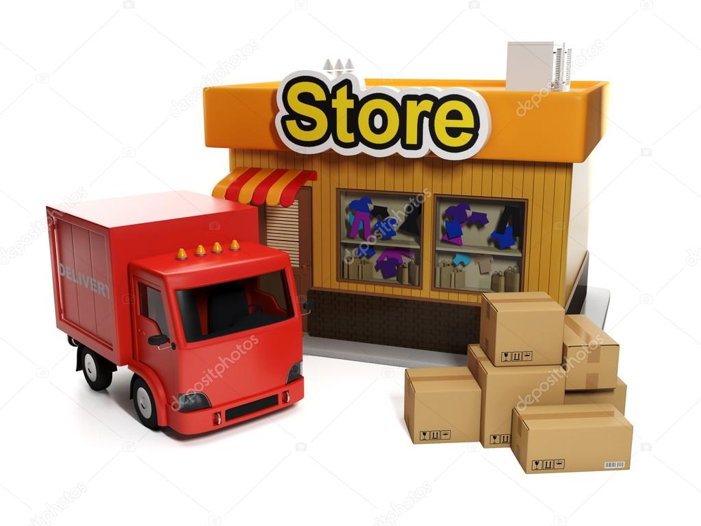 3d illustration: Sale and purchase. Shop and cardboard boxes and