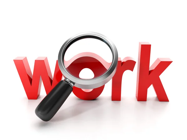 Ricerca lavoro. Grande parola rossa lavoro e lente di ingrandimento su un backgroun bianco — Foto Stock
