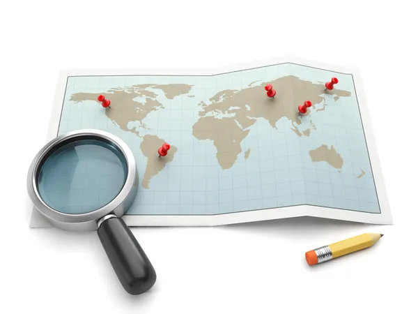 Maps and navigational charts. Map and magnifying glass search fo — Stock Photo, Image