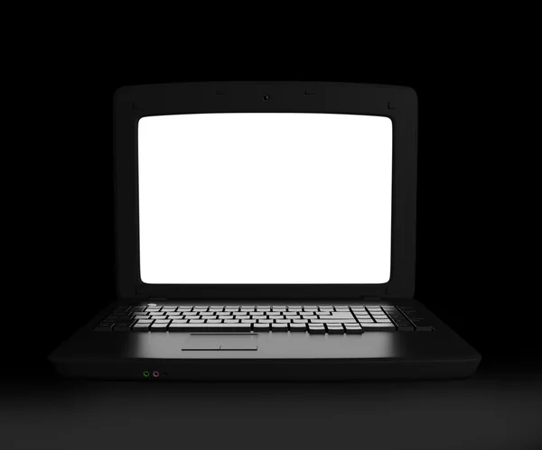 Laptop com tela branca brilhando no close-up escuro — Fotografia de Stock
